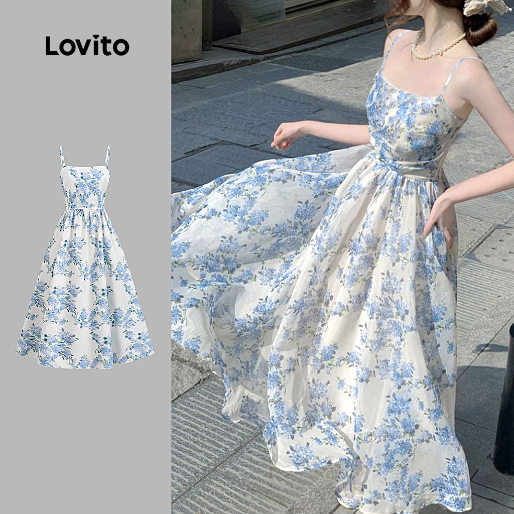 Lovito Vestido Elegante com Flores Vestido de Primavera/verão Azul para mulheres L142LD243 em Oferta na Shopee