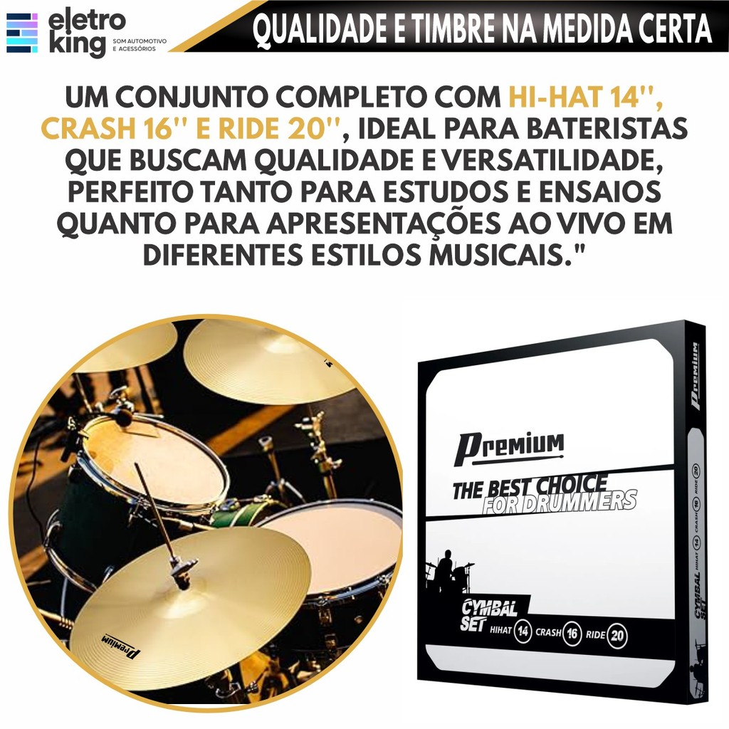 Detalhes do Kit Pratos de Bateria Premium Conjunto Acessório Acústico Com Hihat Crash Ride 14 16 20 Pol