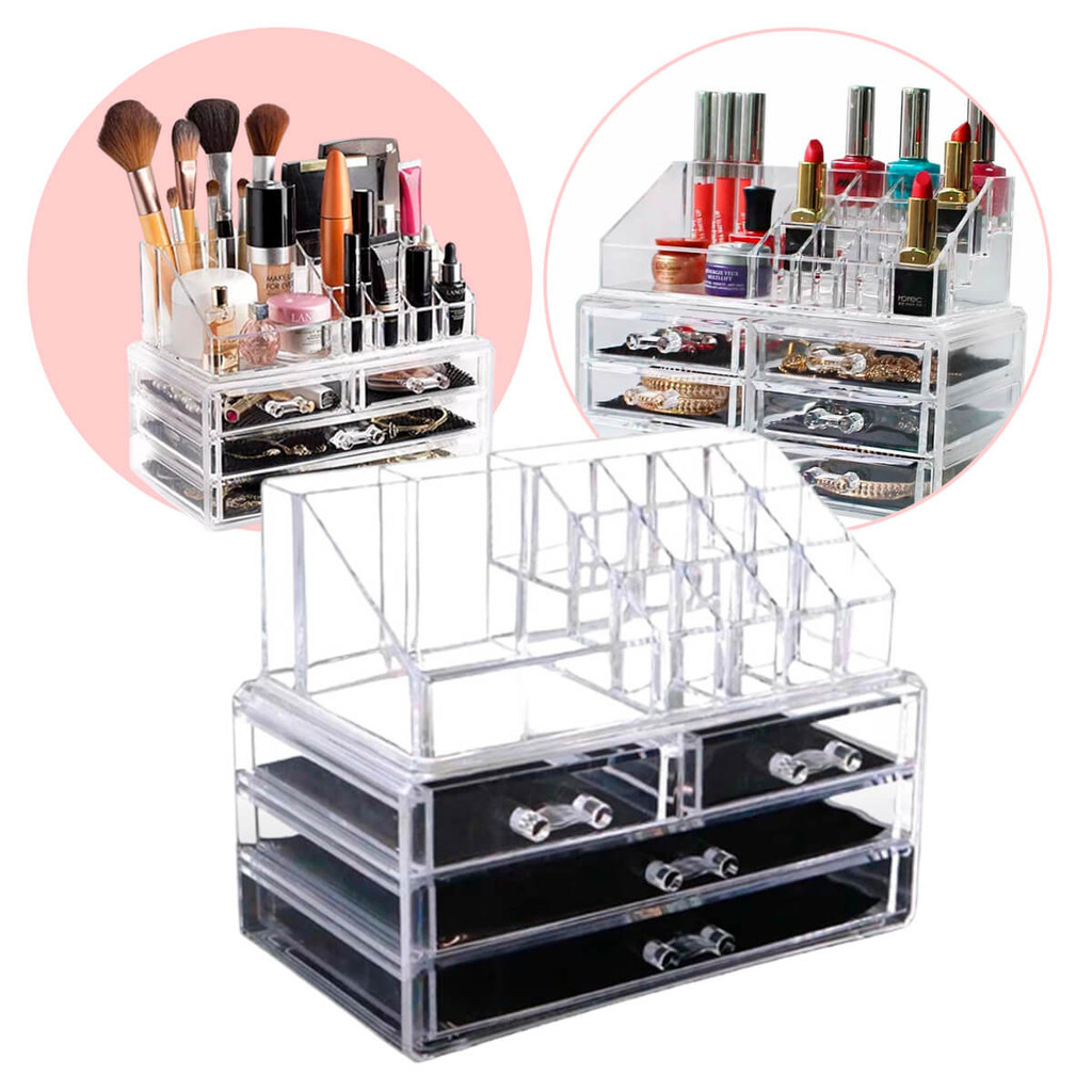 Organizador Acrílico 4 Gavetas: Make e Cosméticos, Maquiagem 16 divisórias + 4 gavetas p/Organização Completa