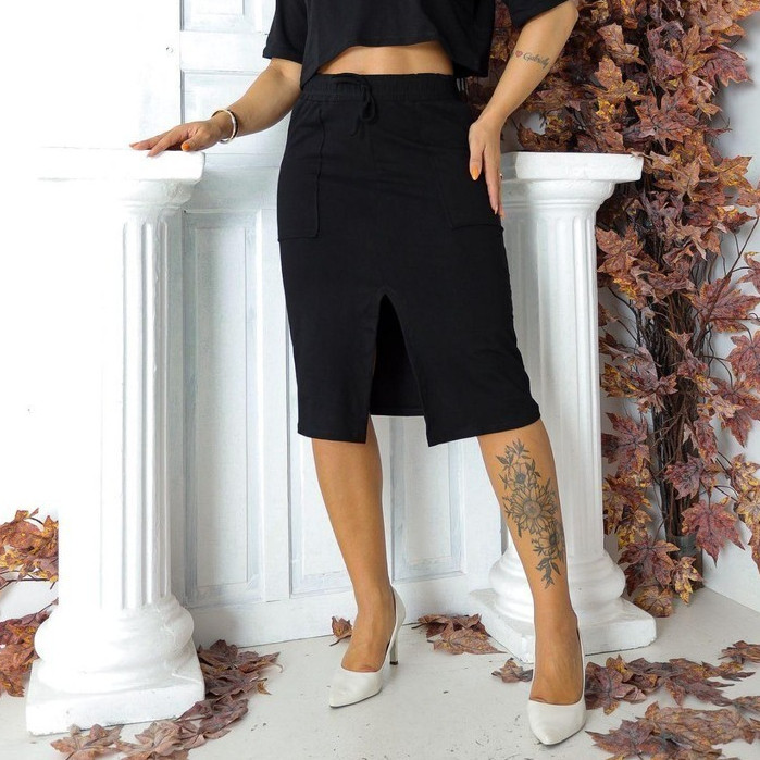 Saia Midi Feminina Cós Alto Com Fenda Frontal Moletim Moda Casual Elegante
