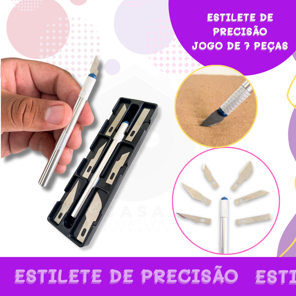 Estilete de Precisão P/ Artesanato | Modelismo - Jogo de 7 Peças - Lâminas em Aço e Cabo em Alumínio