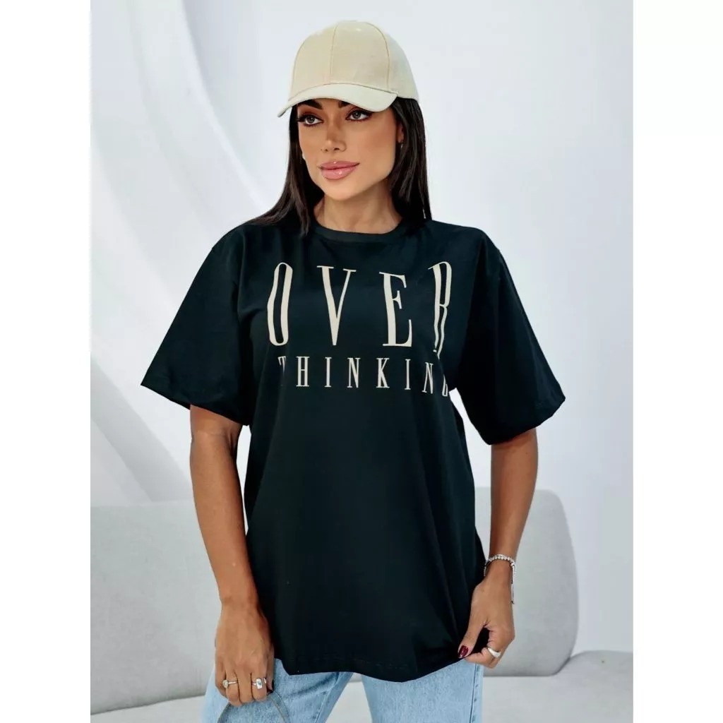 Camiseta Feminina Oversized Over Thinking estilo de Rua Largo Academia Algodão Corte Reto