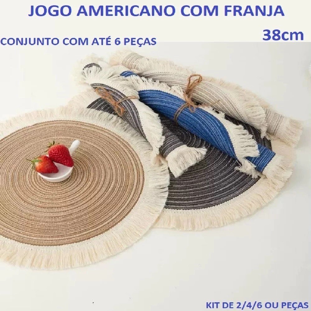 Conjunto De Jogo Americano de Algodão Kit 6 ou 4 ou 2 com Franja Multicolorido 38cm Descanso De Mesa