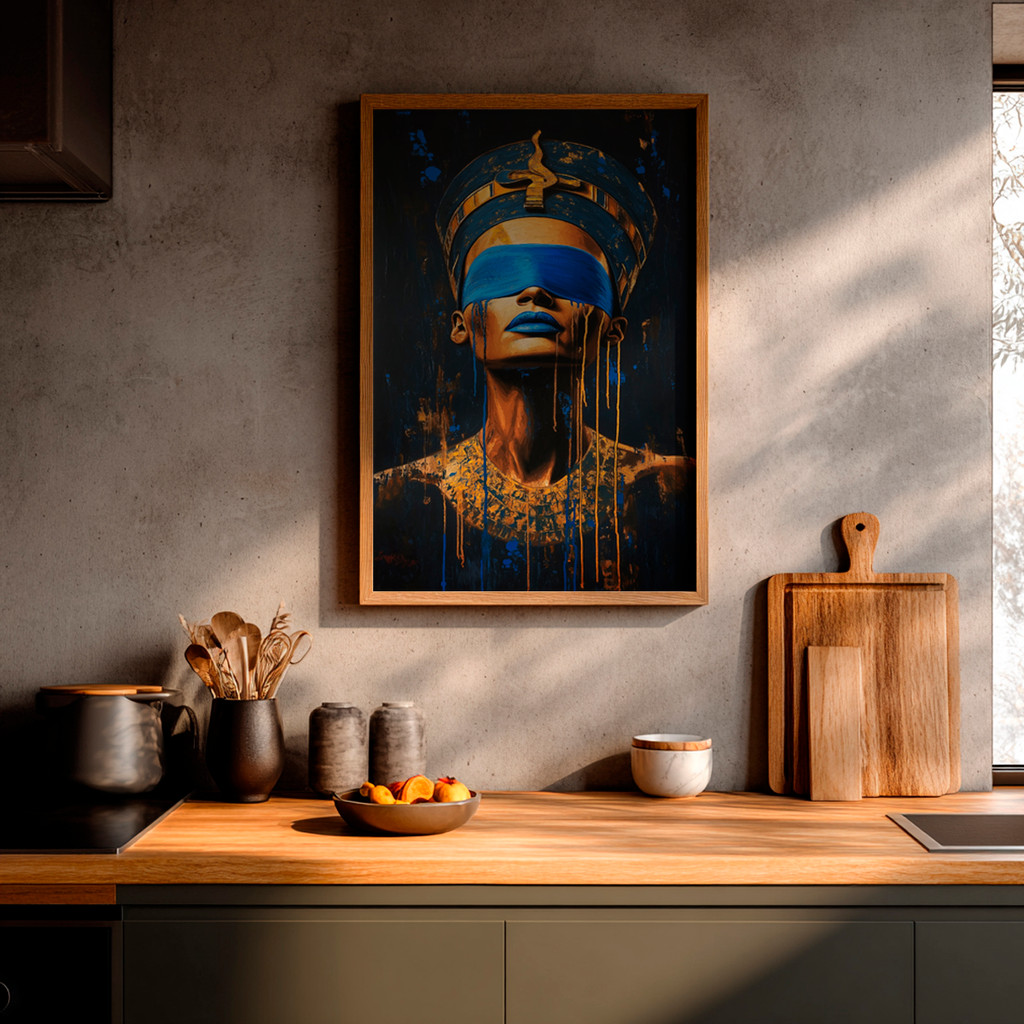 Quadro Mulher Egito Nefertiti Dourado Azul Retrato Abstrato Cultura História Arte Estilo Moderno