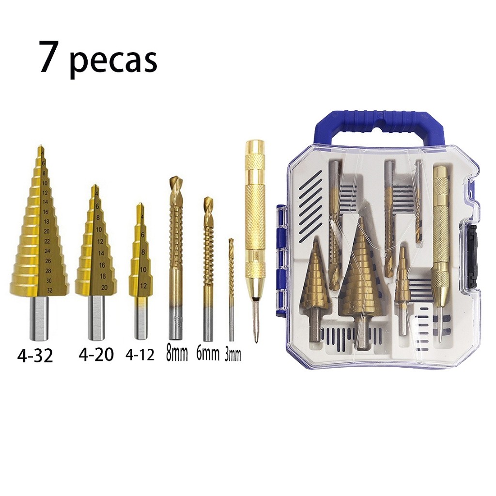Kit 7 Brocas Titânio Escalonadas + Broca Corte Lateral + Punção | C/ Estojo Organizador