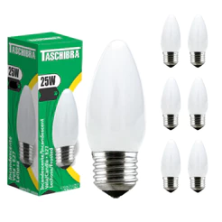 Kit 10 Lâmpada Vela Vidro Leitoso 25W E27 Branco Quente 2700K Taschibra