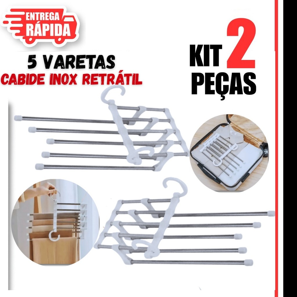 2 Peças de Cabide Mágico Inox Retrátil 5 Varetas Calças Otimiza Espaço Premium Utilidades