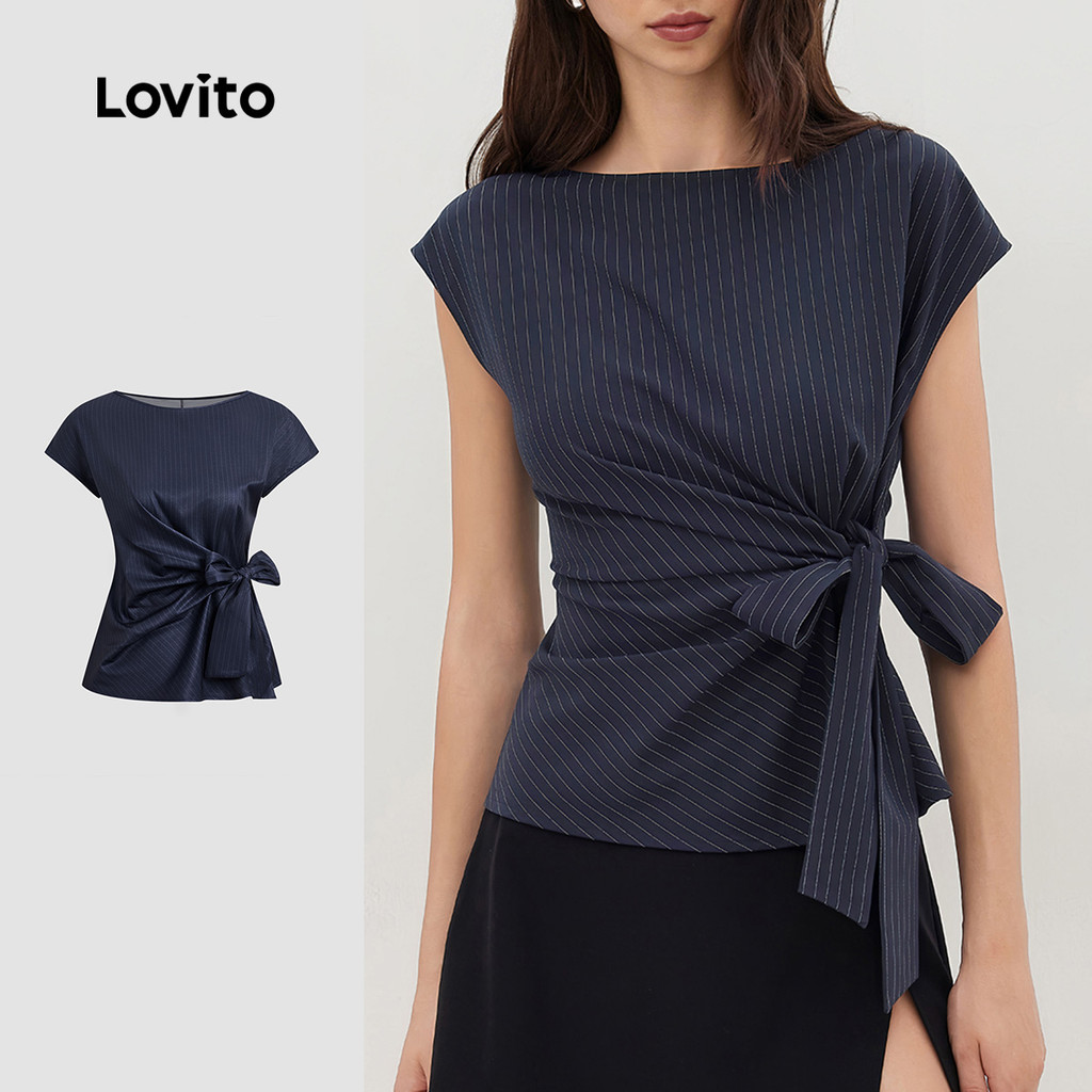 Lovito Blusa Elegante Clássica E Versátil Com Amarração Nas Costas Azul Marinho Primavera/verão Para Mulheres L150AD847 em Oferta na Shopee