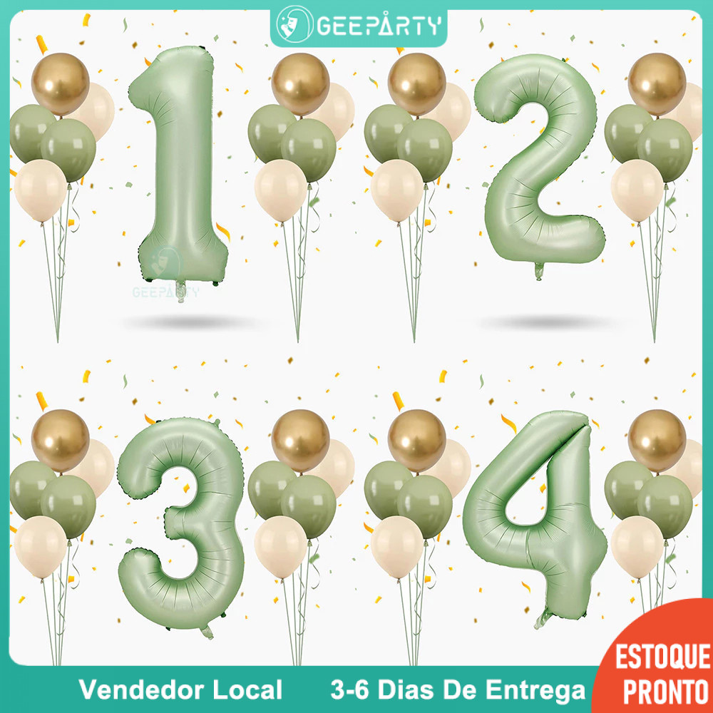 GeeParty Kit 12 Peças - Balões Verde Sálvia com Números Azeitona para Decoração de Festa