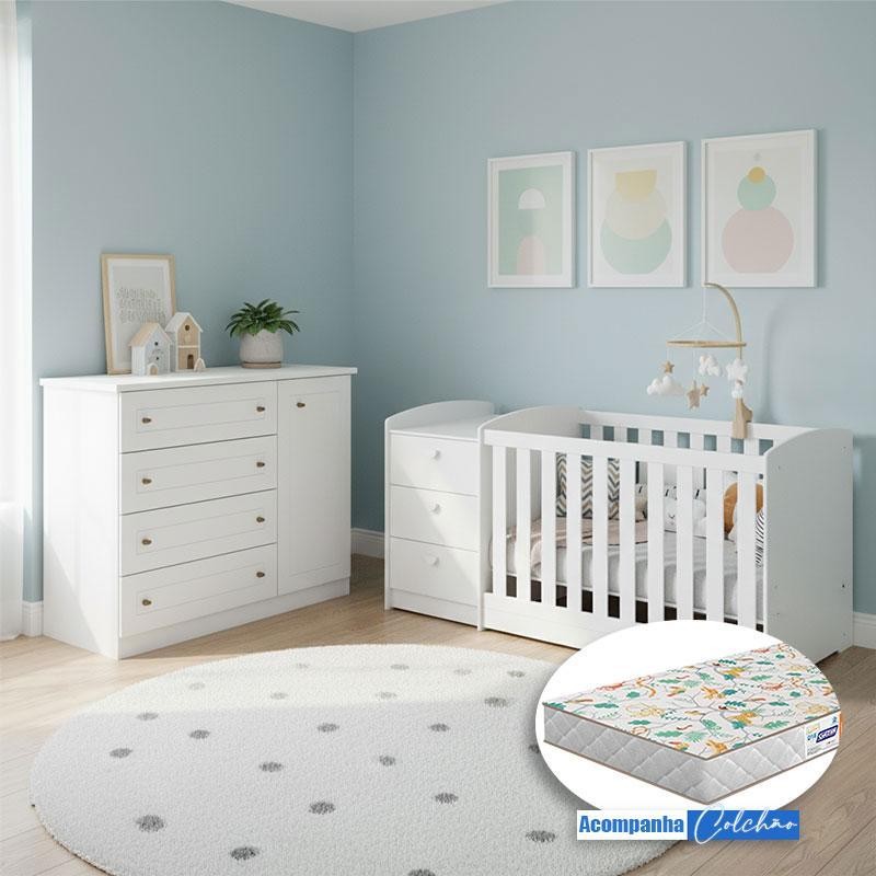 Berço Multifuncional Atlanta e Cômoda Infantil Americano Henn Branco Ambiente Fosco com Colchão Gazin - Reller