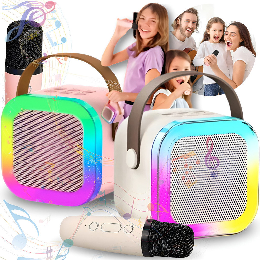 Mini Caixa de Som Karaokê Portátil Bluetooth LED com Microfone Embutido Mudança de Voz e Diversão Infantil