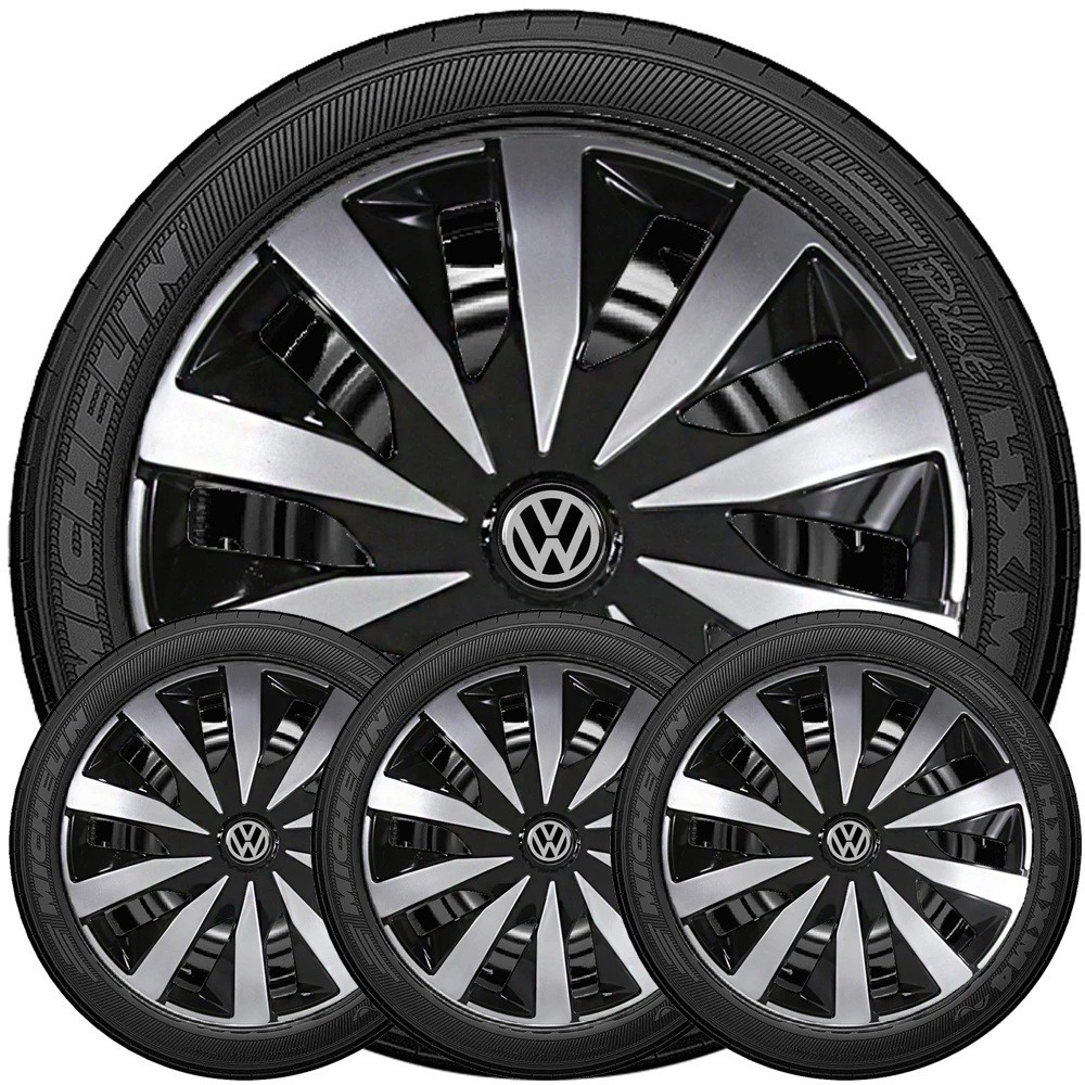 Kit 4 Calotas Esportivas Aro 13/14/15 MODELO NOVO SEVEN Aro 13/14/15 Universal Todos os Carros Preto com Prata