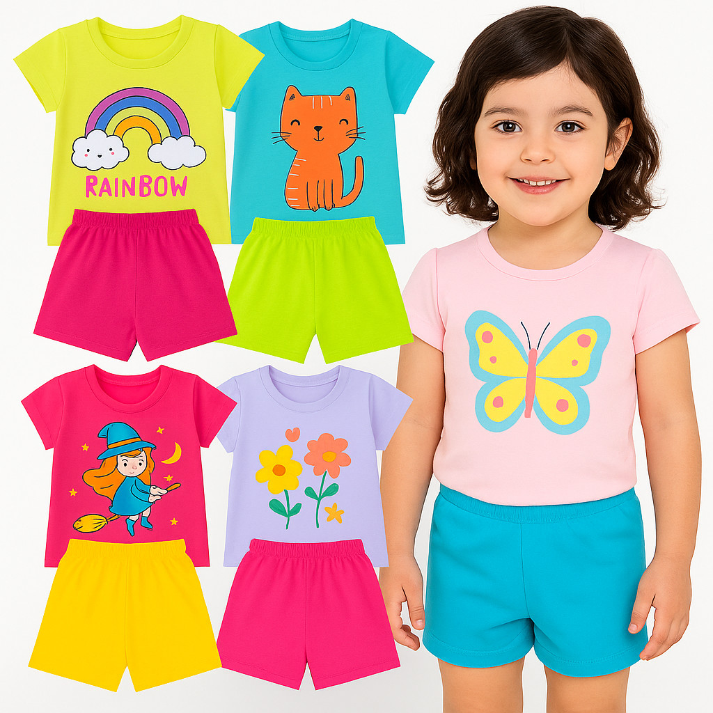 Kit 6 Peças de Roupas Infantil Menina  Verão -Kit com 3 Conjuntos SORTIDOS Feminino Bebê Infantil Verão Manga Curta