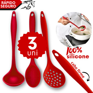 Kit Conjunto Utensílios Silicone 3 Peças Concha Escumadeira Colher 28cm Alta Qualidade Cozinha em Oferta na Shopee