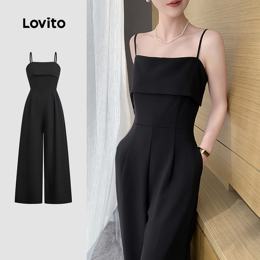 Lovito Elegante Macacão Clássico E Versátil Modelo 2 Em 1 Simples Preto Primavera/verão Para Mulheres L150ED033