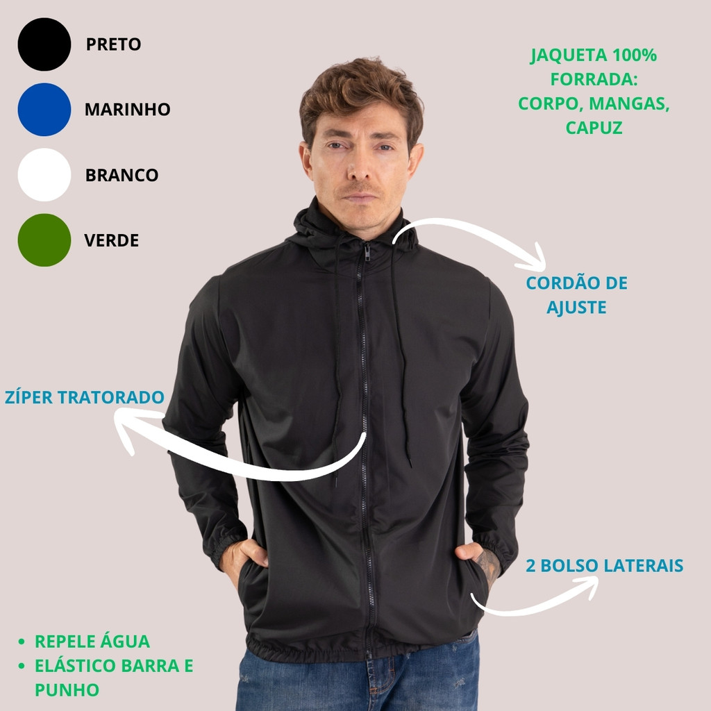 Jaqueta Corta Vento Masculina PLUS-SIZE Impermeável Com Capuz - 100% FORRADA - Tam: G1 ao G3