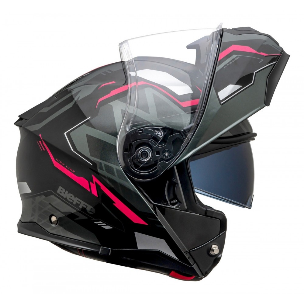 Capacete Moto Robocop Feminino Bieffe B-Dynamic Attractie Escamoteavel Preto Rosa Com Óculos