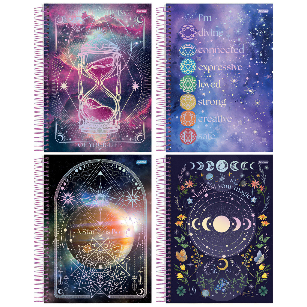 Caderno college 17x24 10 Matérias 160 Folhas Capa Dura Mystic Jandaia - Kit com 5 Capas Sortidas