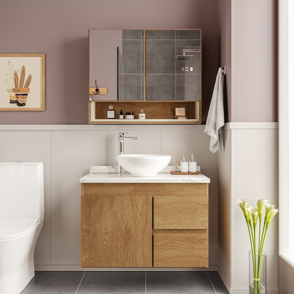 Conjunto Gabinete para Banheiro com Espelheira 80cm Travertino em Oferta na Shopee