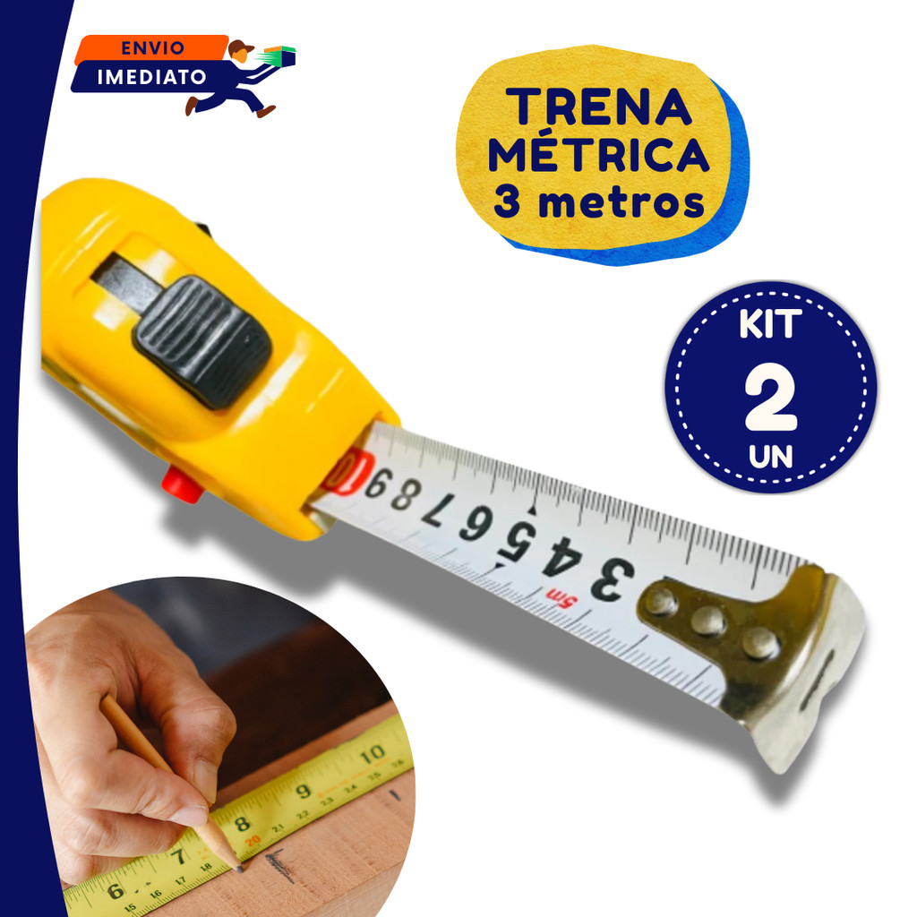 01 ou 02 Unidades Trena Profissional Emborrachada de Bolso 3 metros Fita Métrica Aço Trava Retrátil Flexível