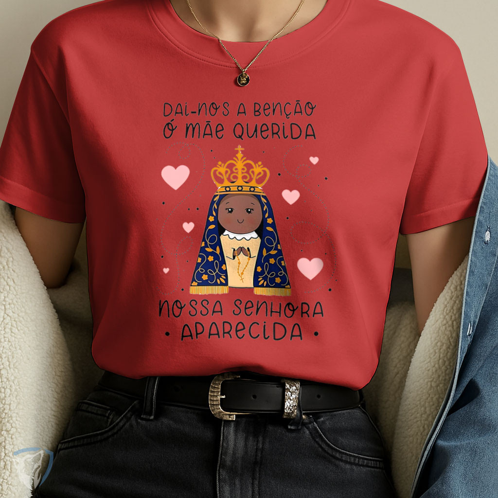 T Shirt Devocional Estampada Nossa Senhora Aparecida com Frase de Fé