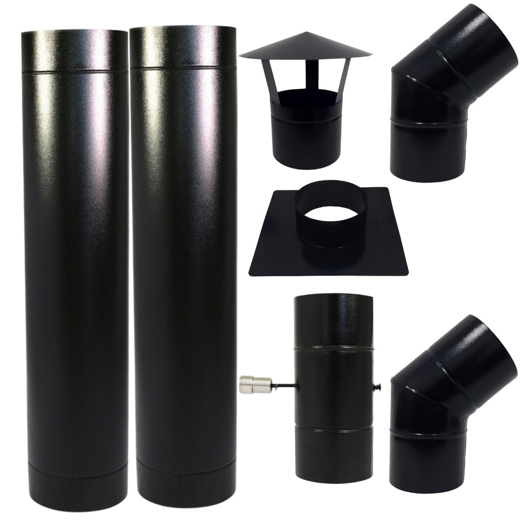 Kit Chaminé Preto 5 Pol 2m Chapéu Chines Damper Curva 45