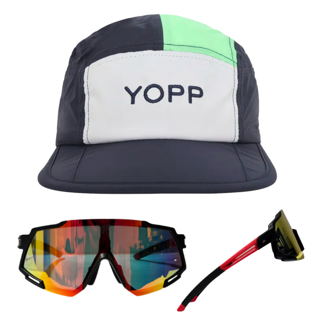Boné Esportivo Runner Five Panel Yopp Branco e Verde + Oculos Ciclismo Corrida Pesca Com 3 lentes Polarizado e Estojo