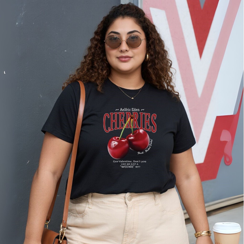 Camiseta Feminina Plus Size Blusa Estilosa T shirt Estampada "Cherries Cerejas" - 100% Algodão