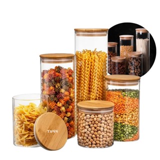 Kit 5 Potes de Vidro Herméticos com Tampa de Bambu Organizador  para Mantimentos Grãos Café Tippi em Oferta na Shopee