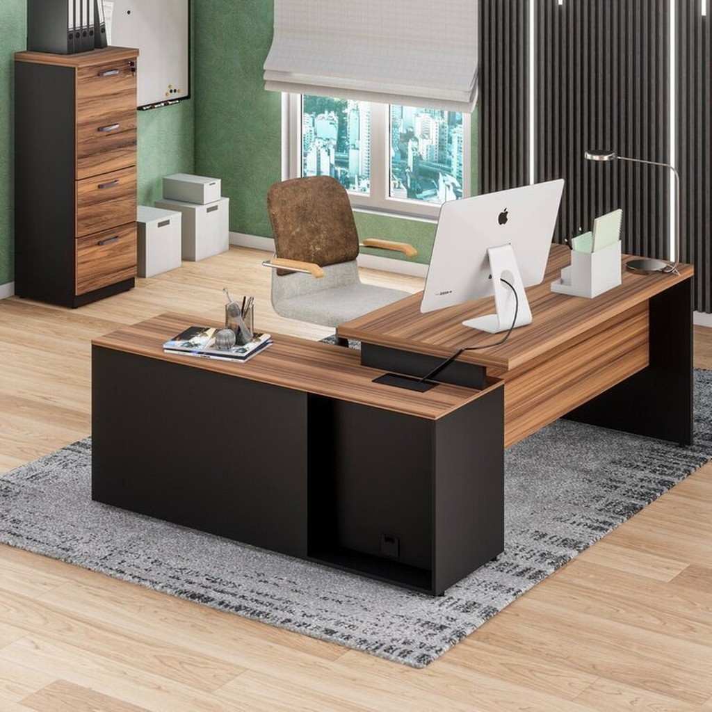 Conjunto 2 Peças com Mesa Escritório em L 150x150cm com Armário Gaveteiro Arquivo Marrom Preto