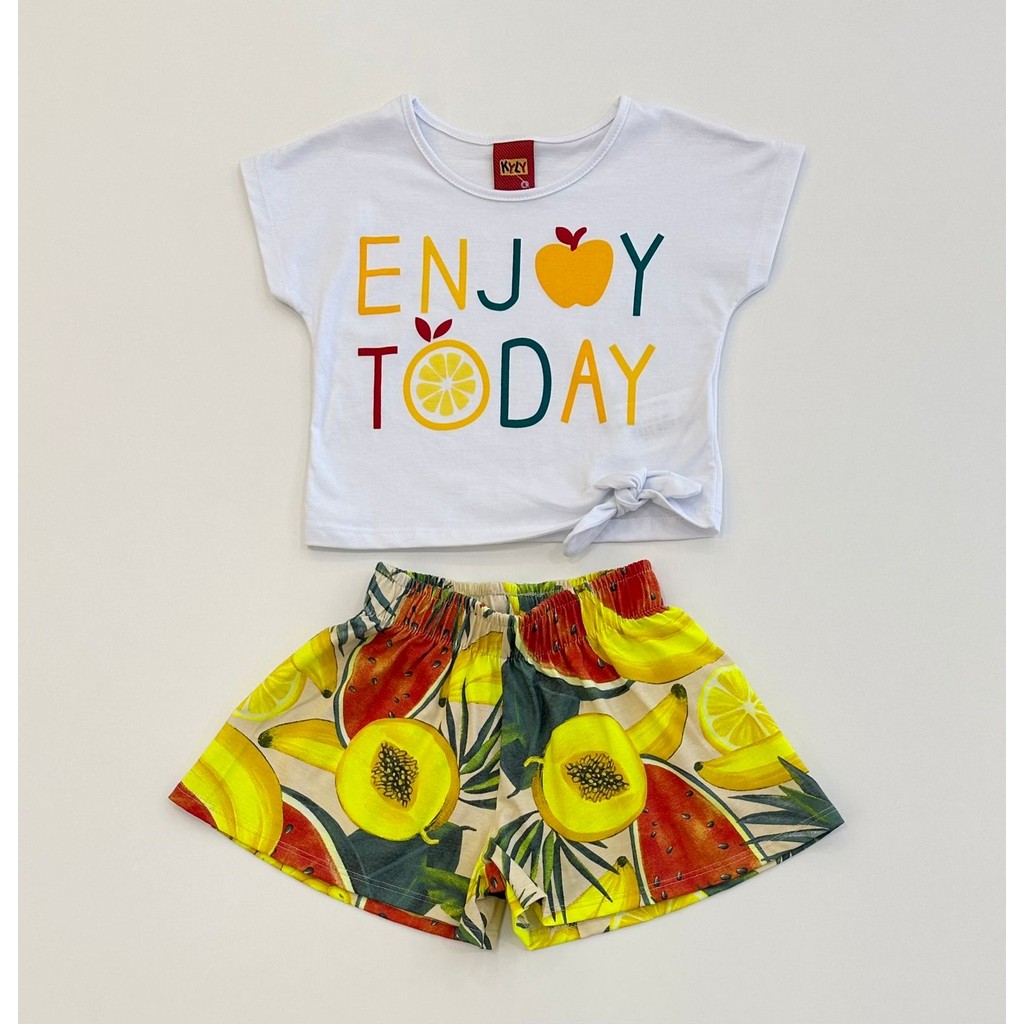 Conjunto Infantil Feminino Kyly Blusa Branca Estampa Enjoy Today Shorts Estampado Frutas