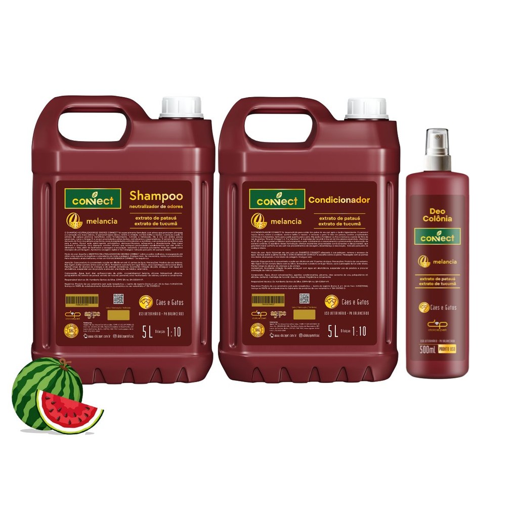 Kit Shampoo Neutralizador Condicionador Perfume Connect Dolce Pet Melancia 5L 1:10