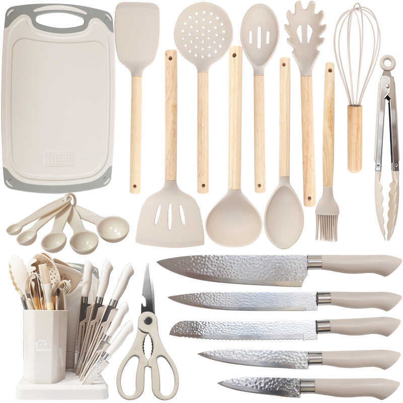 Kit Completo Jogo de Cozinha Luxo 19 Peças Com Tábua em Silicone Espátula Faca Tesoura Utensílios