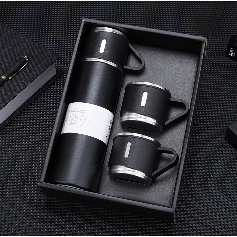 KIT 2 Caneca Kit Garrafa Térmica Vacuum Bottle Inox + 3 Xícaras Bebidas Fria ou Quente 500ml