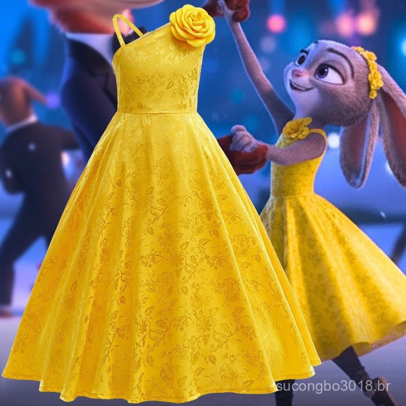 Fantasia de Judy da Zootopia para Meninas, Vestido Amarelo Estampado para Festa de Halloween, Apresentação, Noite, Princ
