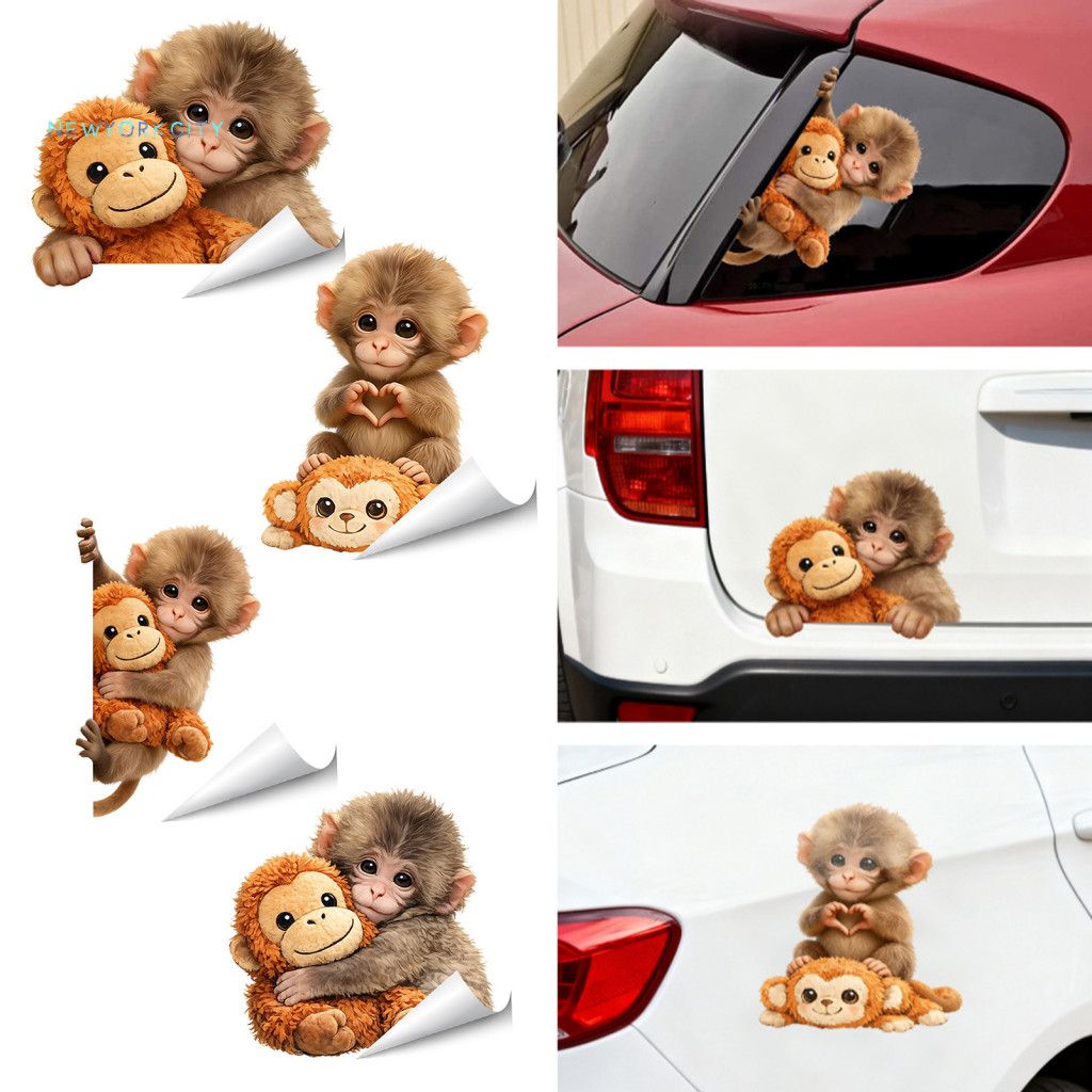 Car Window Monkey Sticker Cute Decal Holding Plush Toy – Waterproof Pvc for Laptop Phone Refrigerator Water Bottle for