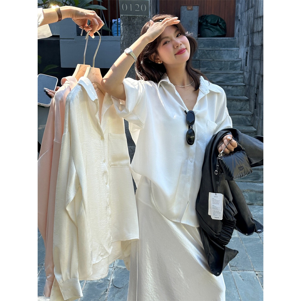 High-End temperamento acetato perolado cetim camisa branca feminina primavera outono Design nicho camisa coreano solto t