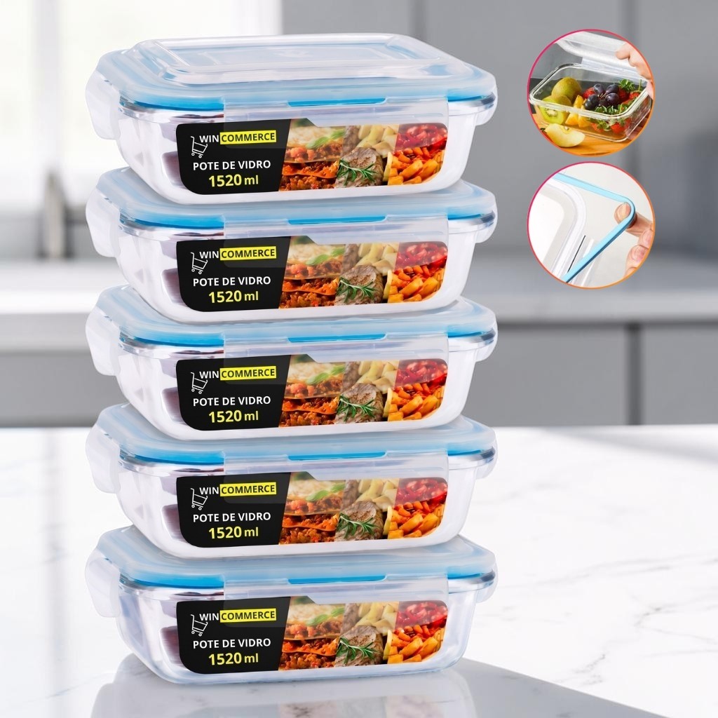 Kit 5 Potes De Vidro Hermético 1520ml Com Trava Vedação Para Mantimentos E Alimentos