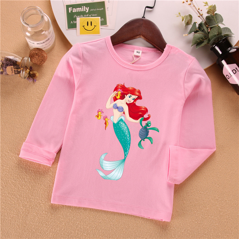 Sereia princesa roupas infantis meninas primavera outono fino manga comprida camiseta crianças primavera camisa de fundo