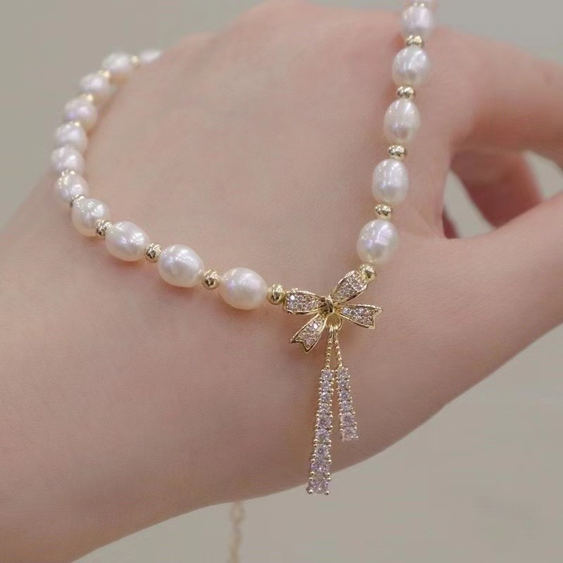 Diy jóias acessórios banhado a ouro incrustado zircão arco borla pingente pulseira fivela frisado pérola colar acessório