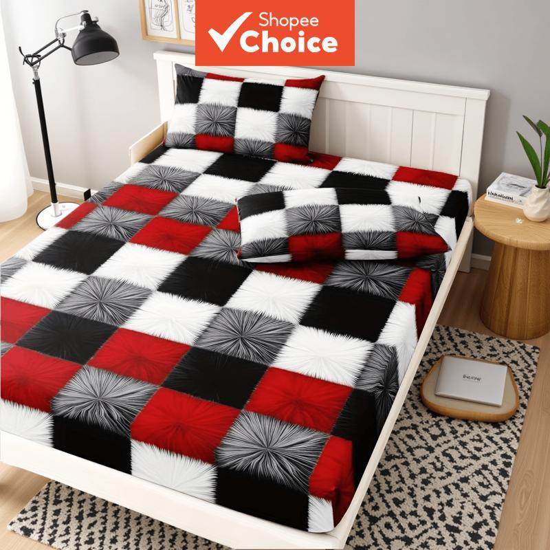 Conjunto de Lençol com Elástico em Preto, Vermelho e Branco | Lençol de Microfibra Macio com 2 Fronhas, Sem Enchimento,