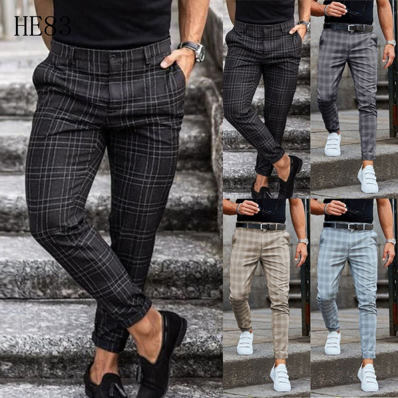 Entrega em 24 horas Calças Stretch Jogger Calças de Malha Xadrez Calças Largas Slim Tamanho Grande Masculino KH739