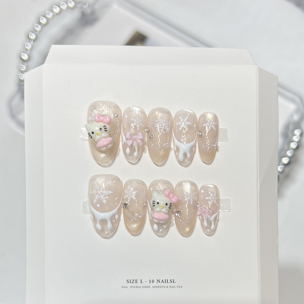 [FEITO À MÃO+Cola Grátis] Unhas Artificiais com Efeito Floco de Neve, Algodão Doce e Olho de Gato, Unhas Postiças de Fot