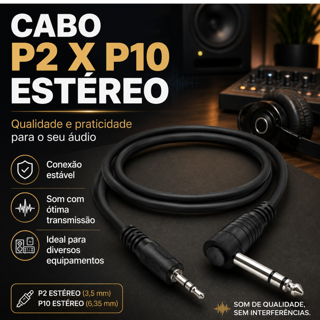 Cabo P2 P10 Estéreo Profissional 1.5 Metros Adaptador Mesa Som Bidirecional
