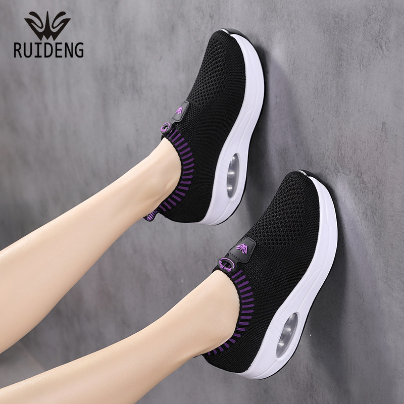 Ruideng sapatos femininos voando tecido malha respirável sapatos esportivos sapatos casuais femininos de sola grossa mãe