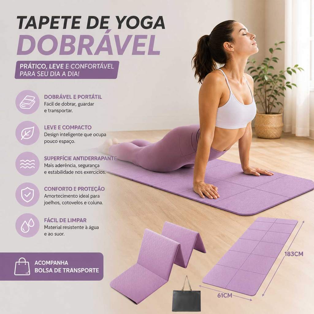 Tapete Yoga Dobrável 183x61cm Colchonete Fitness Antiderrapante Pilates Academia