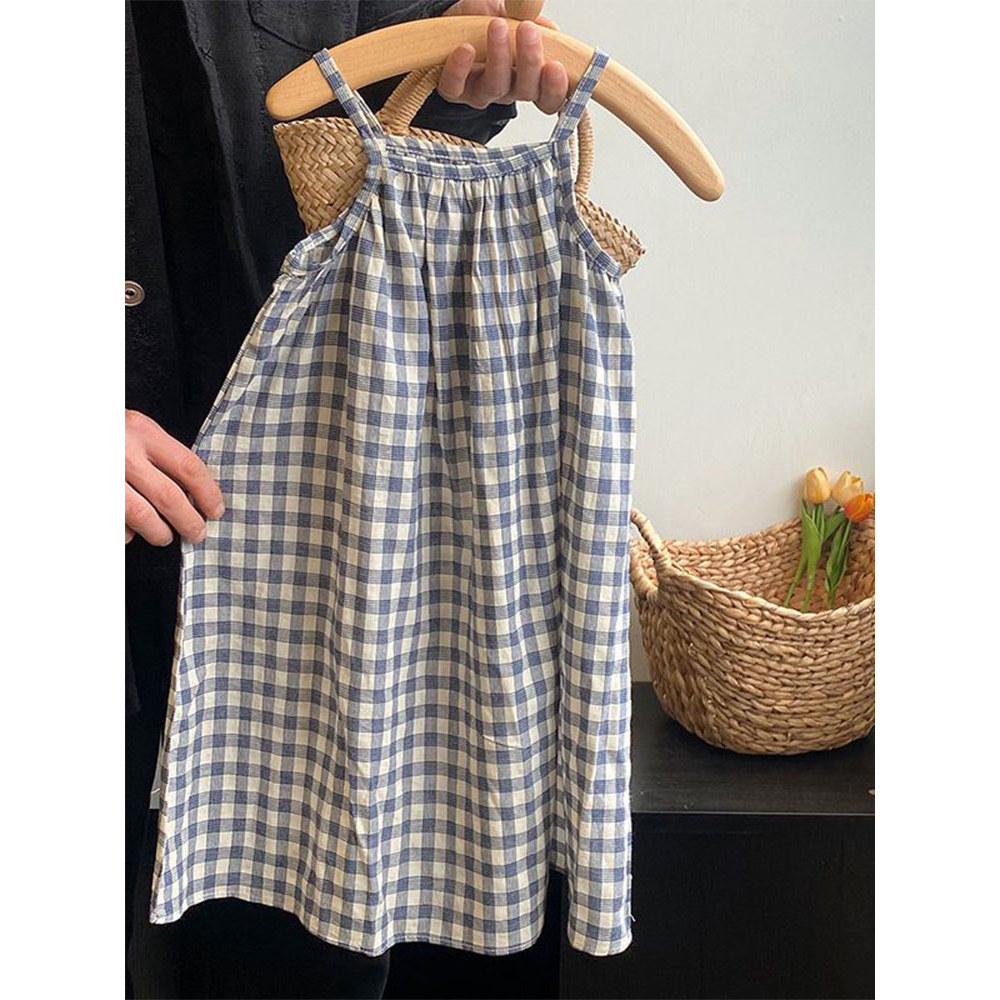 Meninas vestido 2026 verão novo estilo crianças Mori estilo xadrez estilingue vestido feminino bebê moda férias colete v