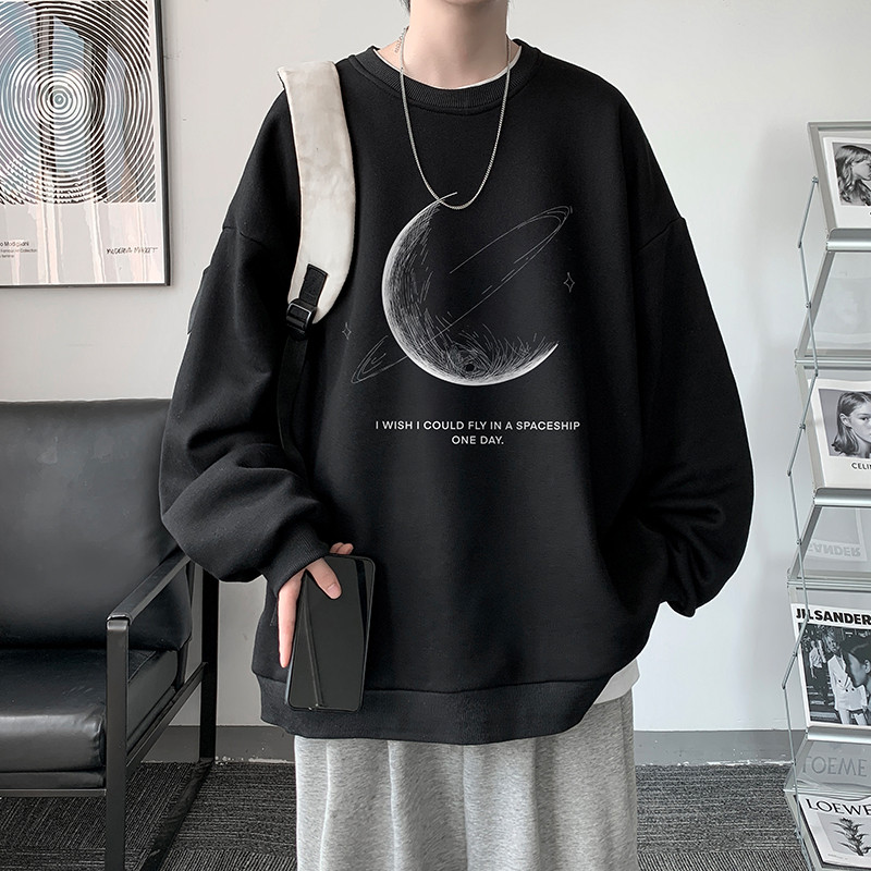 Lua impressa moletom masculino solto de manga comprida camiseta High Street ins na moda americano Retro gordo tamanho gr