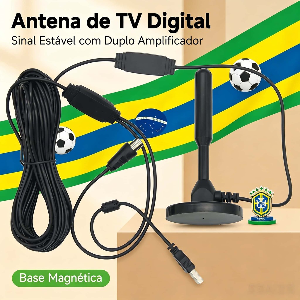 Antena TV Digital Amplificada 3.5dBi UHF VHF FM | Interna e Externa HDTV | Cabo 3m À Prova d'Água Base Imã