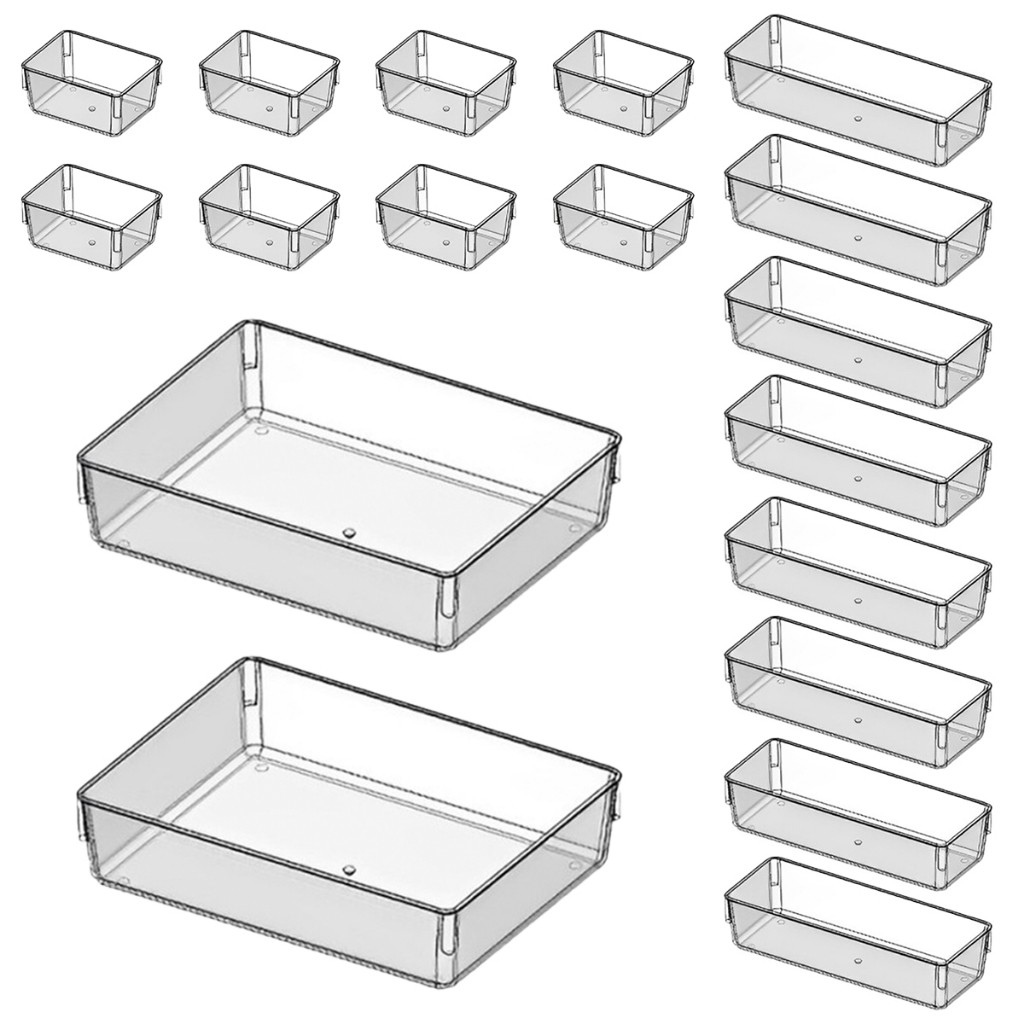 Kit 18 Organizadores Acrílico Cristal Modular Para Geladeiras Gavetas Armários e Maquiagens